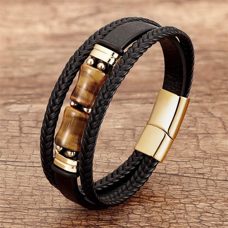 Buddha Stones Tiger Eye Bamboo Stone Integrity Courage Multi-layer Leather Bracelet - Yellow Tiger Eye - 18-22cm - image 1