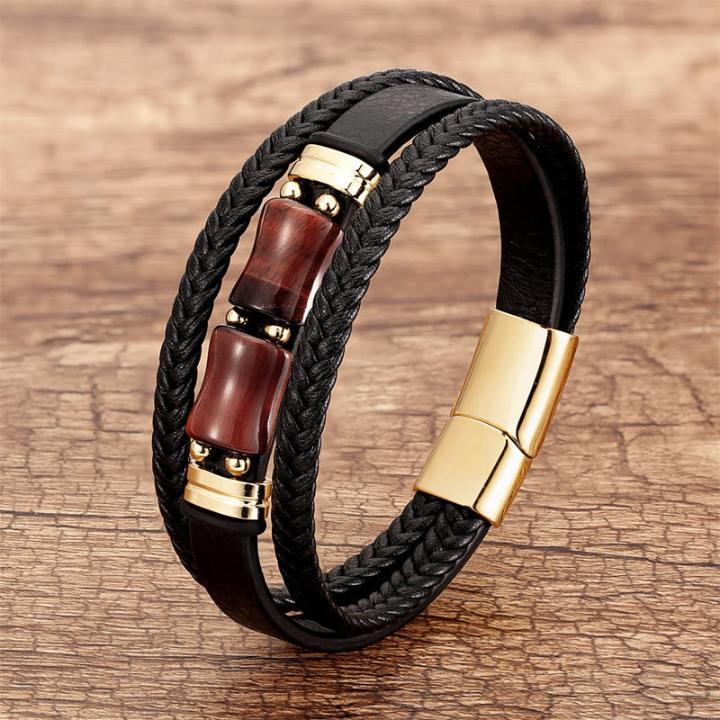Buddha Stones Tiger Eye Bamboo Stone Integrity Courage Multi-layer Leather Bracelet - Brown-Red Tiger Eye - 18-22cm - image 5