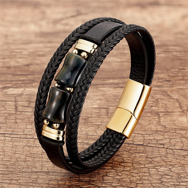 Buddha Stones Tiger Eye Bamboo Stone Integrity Courage Multi-layer Leather Bracelet