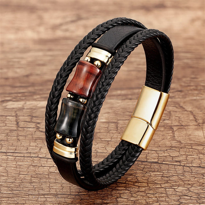 Buddha Stones Tiger Eye Bamboo Stone Integrity Courage Multi-layer Leather Bracelet - Brown-Red-Black Tiger Eye - 18-22cm - image 9
