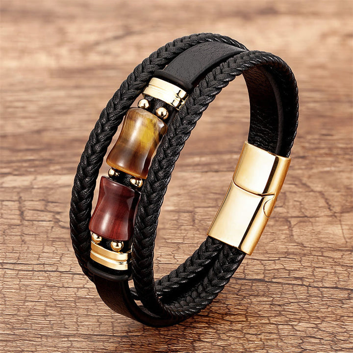 Buddha Stones Tiger Eye Bamboo Stone Integrity Courage Multi-layer Leather Bracelet