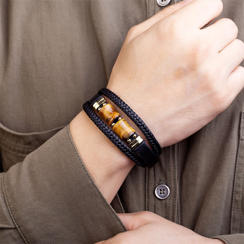 Buddha Stones Tiger Eye Bamboo Stone Integrity Courage Multi-layer Leather Bracelet - image 2