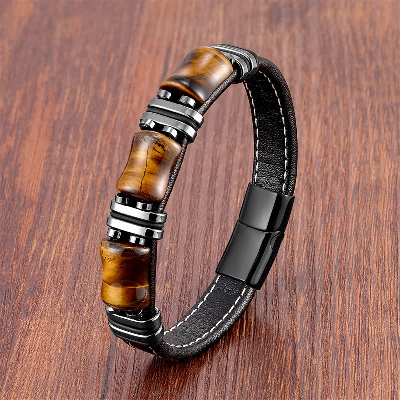 Buddha Stones Tiger Eye Three Bamboo Stone Protection Power Leather Bracelet