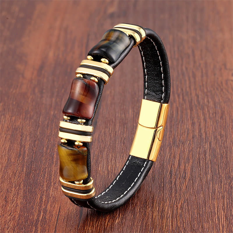 Buddha Stones Tiger Eye Three Bamboo Stone Protection Power Leather Bracelet - Yellow-Brown-Red-Black Tiger Eye-Gold - 18-22cm - image 3