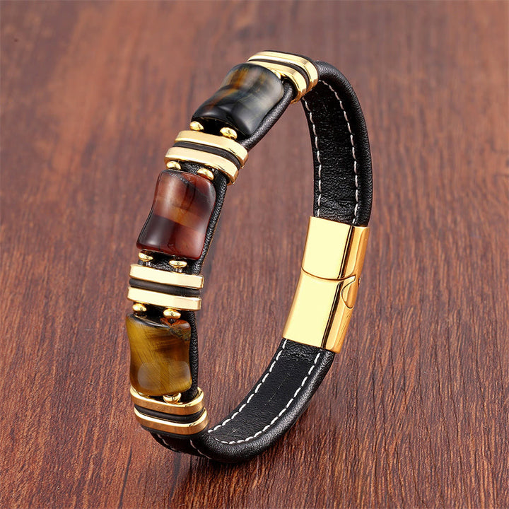 Buddha Stones Tiger Eye Three Bamboo Stone Protection Power Leather Bracelet - Yellow-Brown-Red-Black Tiger Eye-Gold - 18-22cm - image 3