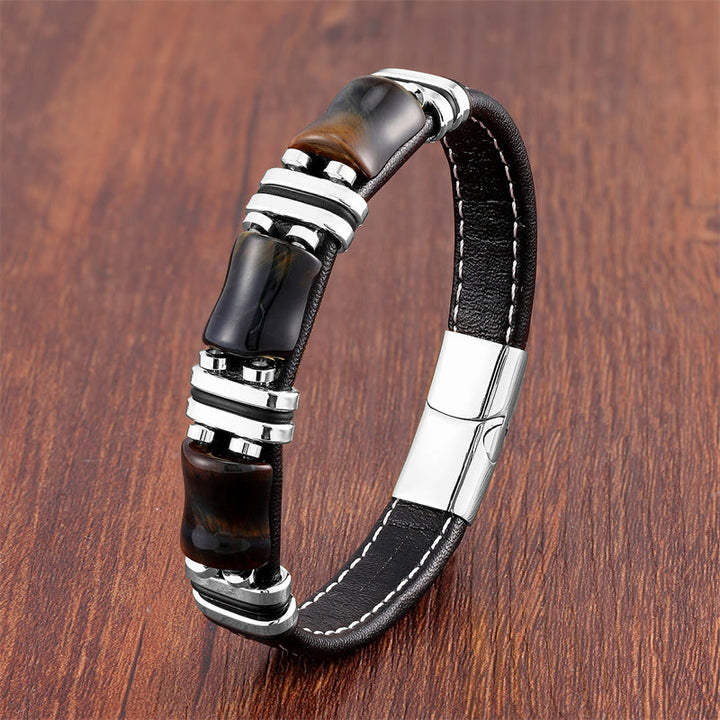 Buddha Stones Tiger Eye Three Bamboo Stone Protection Power Leather Bracelet - Yellow-Black Tiger Eye-Silver - 18-22cm - image 7