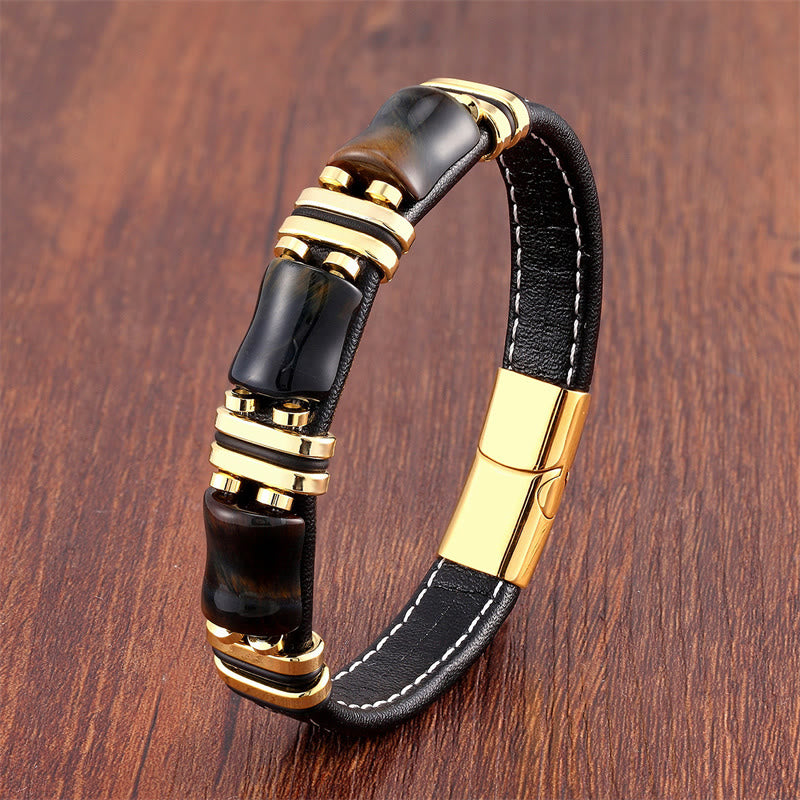 Buddha Stones Tiger Eye Three Bamboo Stone Protection Power Leather Bracelet - Yellow-Black Tiger Eye-Gold - 18-22cm - image 8