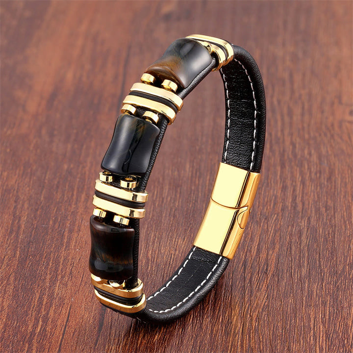 Buddha Stones Tiger Eye Three Bamboo Stone Protection Power Leather Bracelet - Yellow-Black Tiger Eye-Gold - 18-22cm - image 8