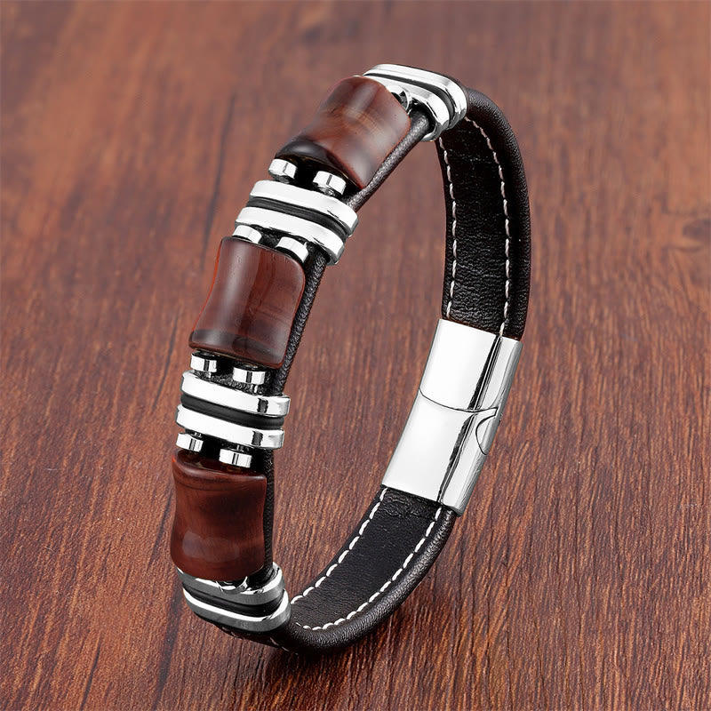Buddha Stones Tiger Eye Three Bamboo Stone Protection Power Leather Bracelet - Brown-Red Tiger Eye-Silver - 18-22cm - image 9