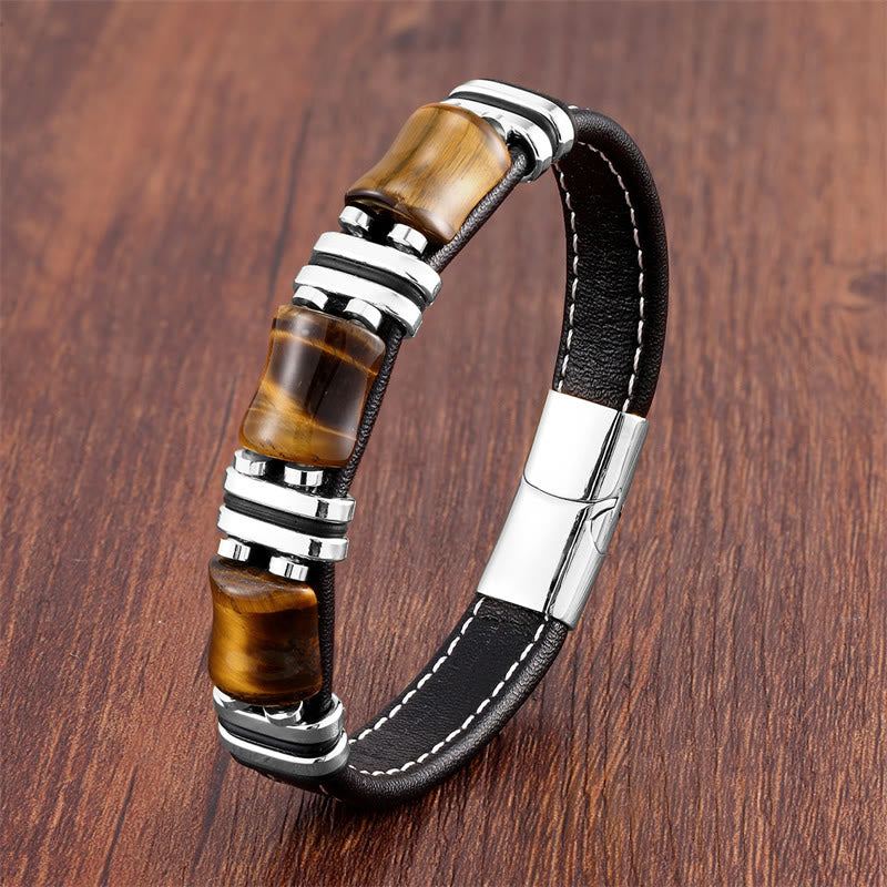 Buddha Stones Tiger Eye Three Bamboo Stone Protection Power Leather Bracelet - Yellow Tiger Eye-Silver - 18-22cm - image 12