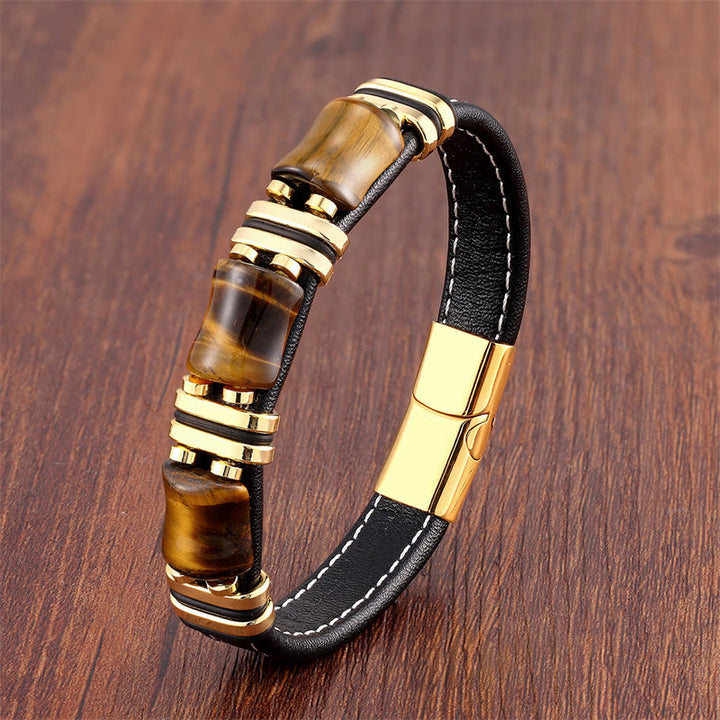 Buddha Stones Tiger Eye Three Bamboo Stone Protection Power Leather Bracelet