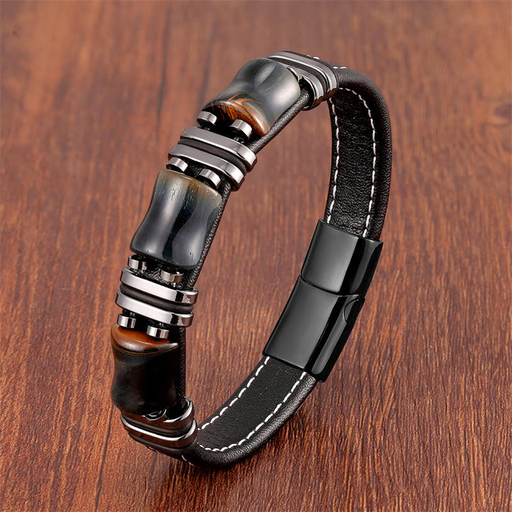 Buddha Stones Tiger Eye Three Bamboo Stone Protection Power Leather Bracelet - Yellow-Black Tiger Eye-Black - 18-22cm - image 14