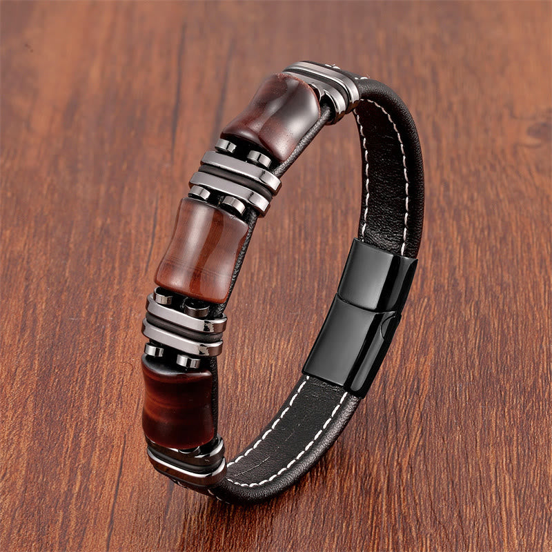 Buddha Stones Tiger Eye Three Bamboo Stone Protection Power Leather Bracelet