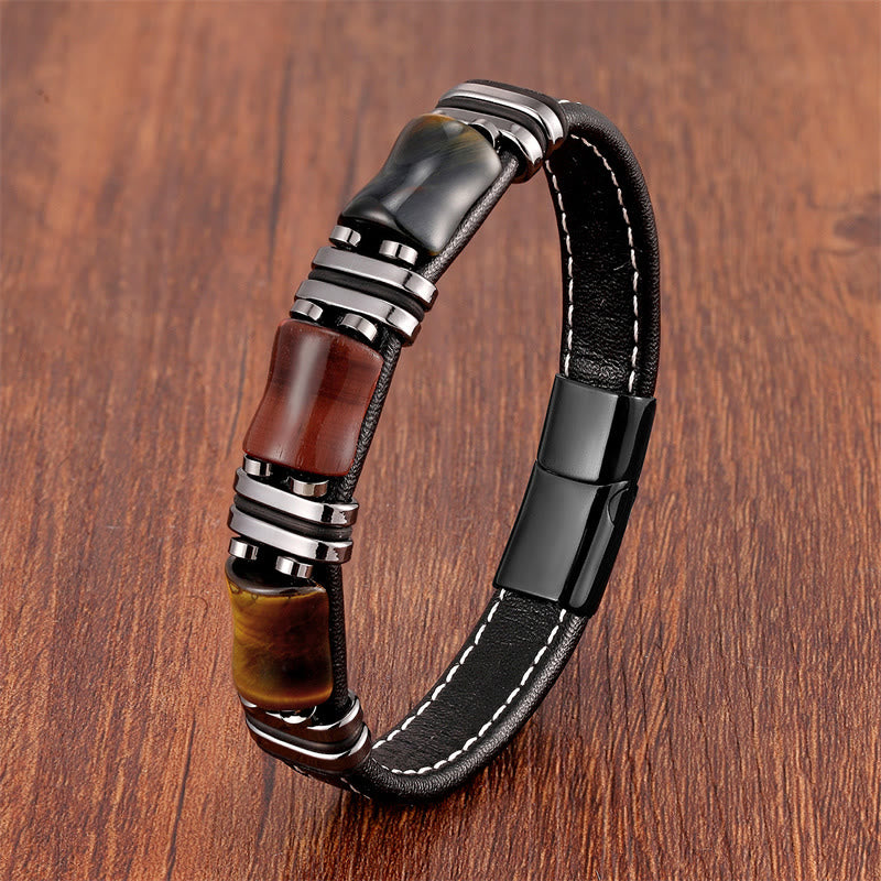 Buddha Stones Tiger Eye Three Bamboo Stone Protection Power Leather Bracelet - Yellow-Brown-Red-Black Tiger Eye-Black - 18-22cm - image 16