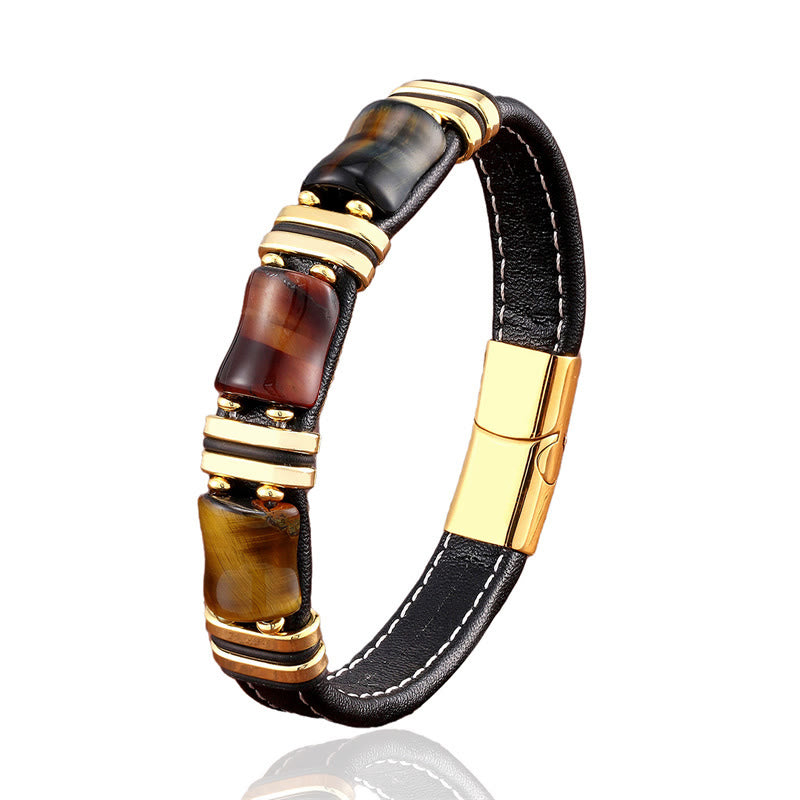 Buddha Stones Tiger Eye Three Bamboo Stone Protection Power Leather Bracelet - image 4