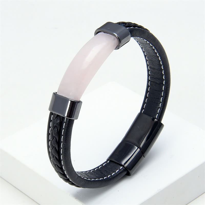 Buddha Stones Lazurite Lapis Lazuli Tiger Eye Rhodonite Hematite Black Onyx Stone Balance Leather Bracelet - Rose Quartz - 18-22cm - image 7