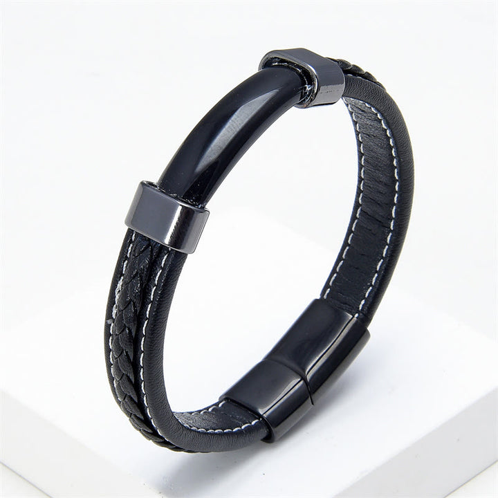 Buddha Stones Lazurite Tiger Eye Rhodonite Hematite Black Onyx Stone Balance Leather Bracelet - Black Onyx - 18-22cm - image 12