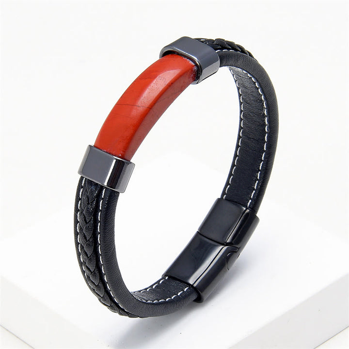Buddha Stones Lazurite Tiger Eye Rhodonite Hematite Black Onyx Stone Balance Leather Bracelet - Red Jasper - 18-22cm - image 20