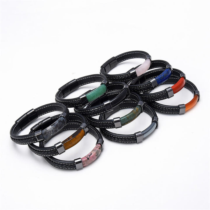 Buddha Stones Lazurite Tiger Eye Rhodonite Hematite Black Onyx Stone Balance Leather Bracelet - image 2
