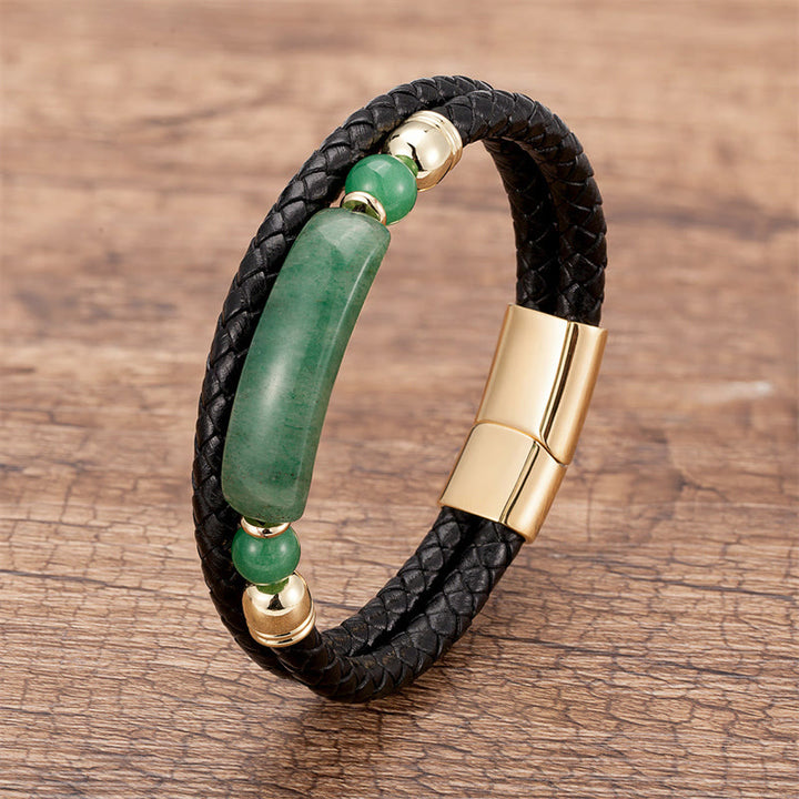 Buddha Stones Green Aventurine Tiger Eye Green Agate Black Onyx Hematite Stone Luck Leather Magnetic Buckle Bracelet