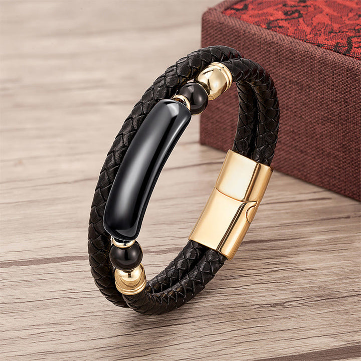 Buddha Stones Green Aventurine Tiger Eye Green Agate Black Onyx Hematite Stone Luck Leather Magnetic Buckle Bracelet - Gold - Black Onyx - 18-22cm - image 9