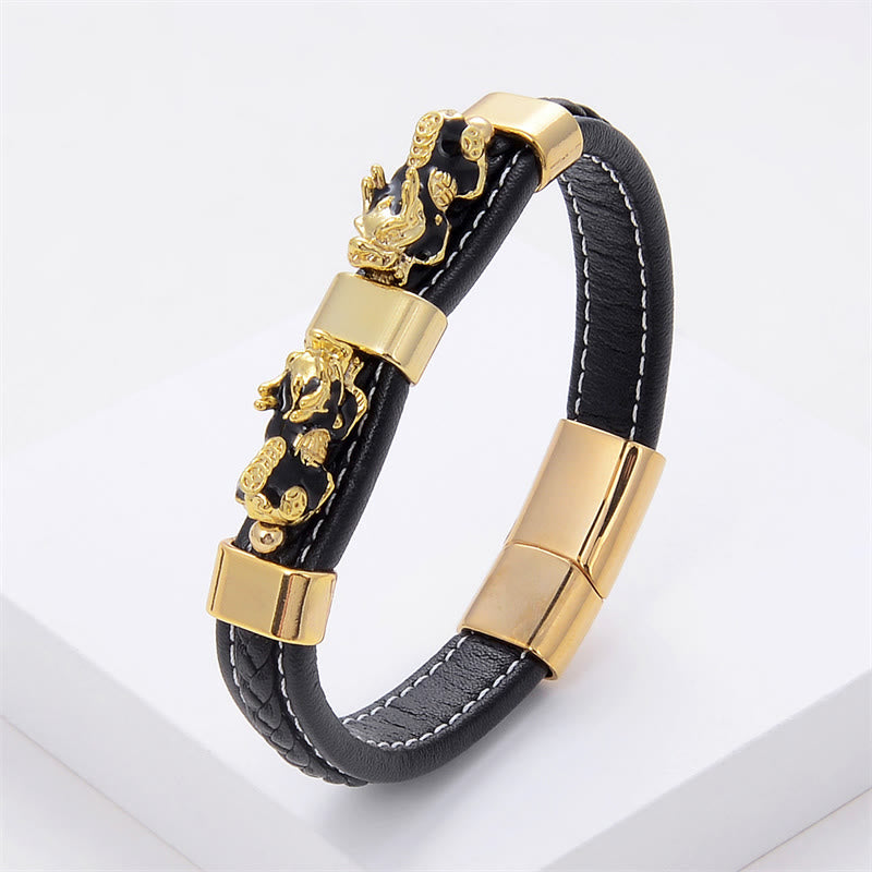 Buddha Stones Double PiXiu Wealth Luck Leather Magnetic Buckle Bracelet - Black Gold PiXiu - 18-22cm - image 2