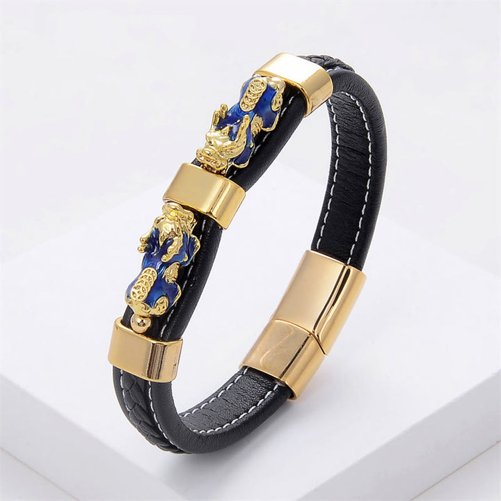 Buddha Stones Double PiXiu Wealth Luck Leather Magnetic Buckle Bracelet - Blue PiXiu - 18-22cm - image 5