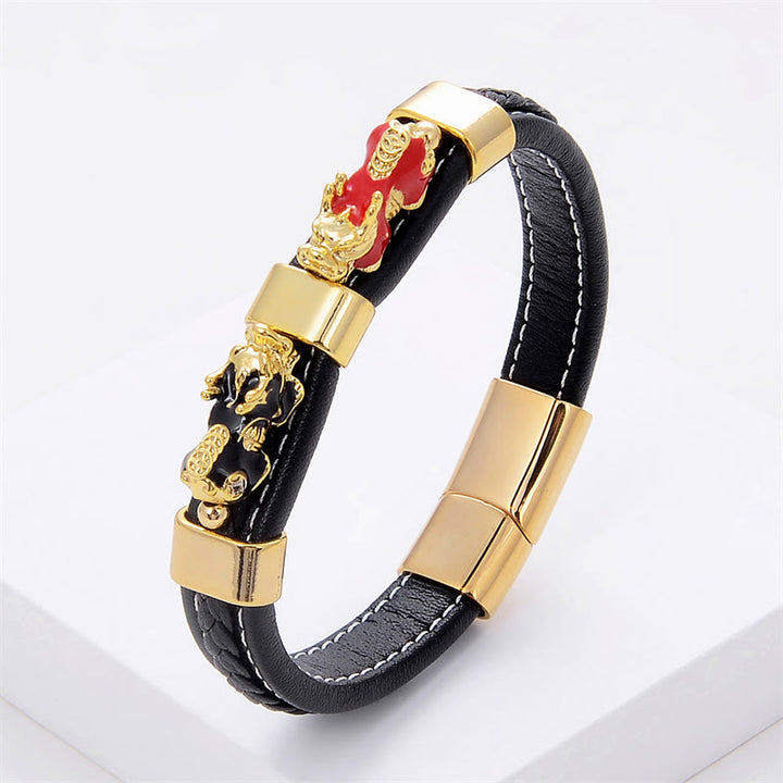 Buddha Stones Double PiXiu Wealth Luck Leather Magnetic Buckle Bracelet - Red Black PiXiu - 18-22cm - image 4