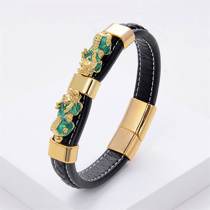 Buddha Stones Double PiXiu Wealth Luck Leather Magnetic Buckle Bracelet - Green PiXiu - 18-22cm - image 3