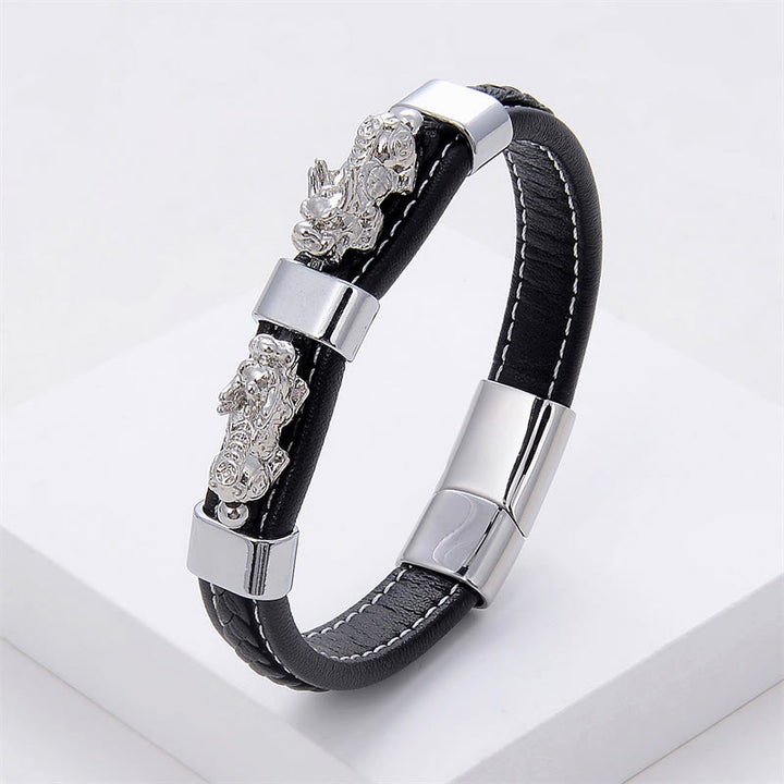 Buddha Stones Double PiXiu Wealth Luck Leather Magnetic Buckle Bracelet - Silver PiXiu - 18-22cm - image 9