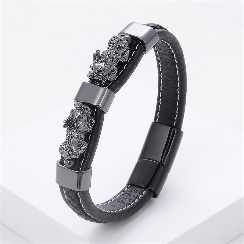 Buddha Stones Double PiXiu Wealth Luck Leather Magnetic Buckle Bracelet - Black Gray PiXiu - 18-22cm - image 10