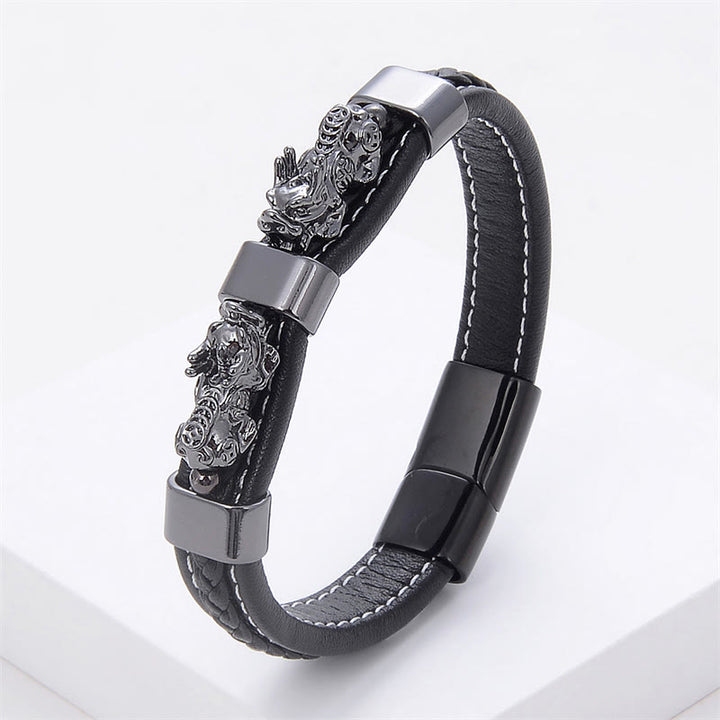 Buddha Stones Double PiXiu Wealth Luck Leather Magnetic Buckle Bracelet - Black Gray PiXiu - 18-22cm - image 10