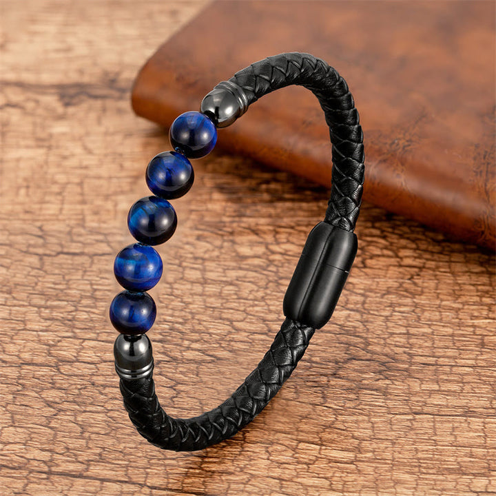 Buddha Stones Blue Agate Tiger Eye Lava Rock Black Onyx Lazurite Bead Protection Leather Bracelet