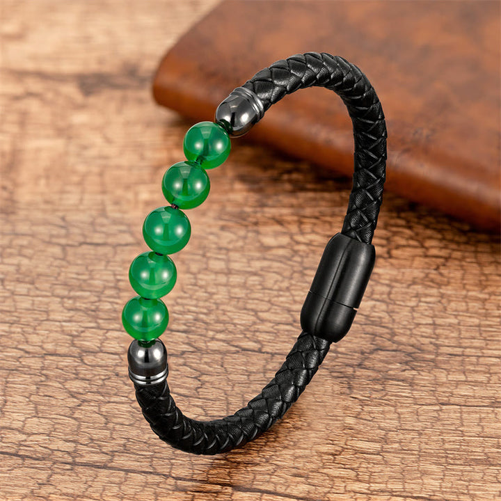 Buddha Stones Blue Agate Tiger Eye Lava Rock Black Onyx Lazurite Lapis Lazuli Bead Protection Leather Bracelet - Green Agate - 18-22cm - image 7