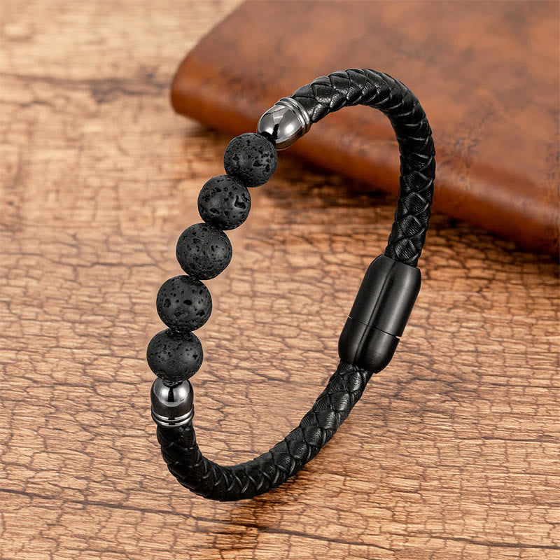 Buddha Stones Blue Agate Tiger Eye Lava Rock Black Onyx Lazurite Lapis Lazuli Bead Protection Leather Bracelet - Lava Rock - 18-22cm - image 12