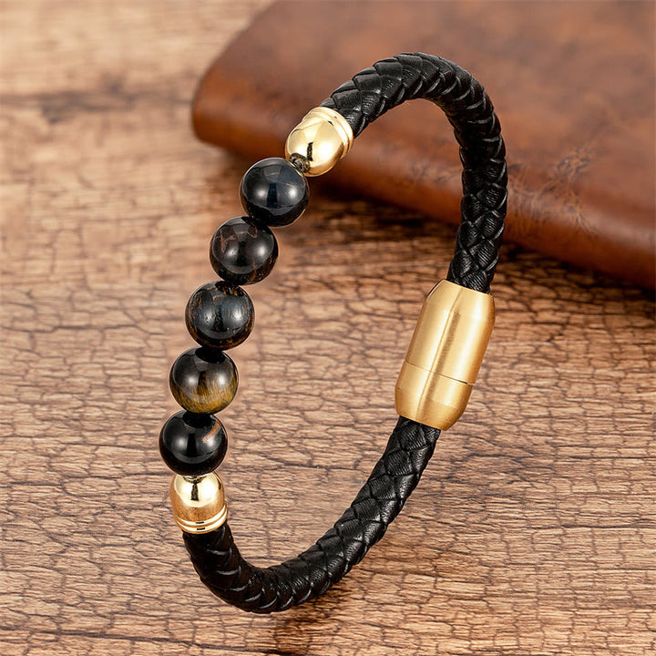 Buddha Stones Blue Agate Tiger Eye Lava Rock Black Onyx Lazurite Lapis Lazuli Bead Protection Leather Bracelet - Black Yellow Tiger Eye - 18-22cm - image 18