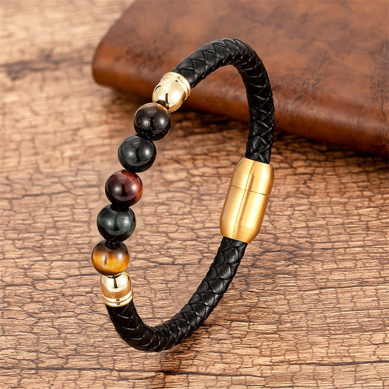 Buddha Stones Blue Agate Tiger Eye Lava Rock Black Onyx Lazurite Bead Protection Leather Bracelet