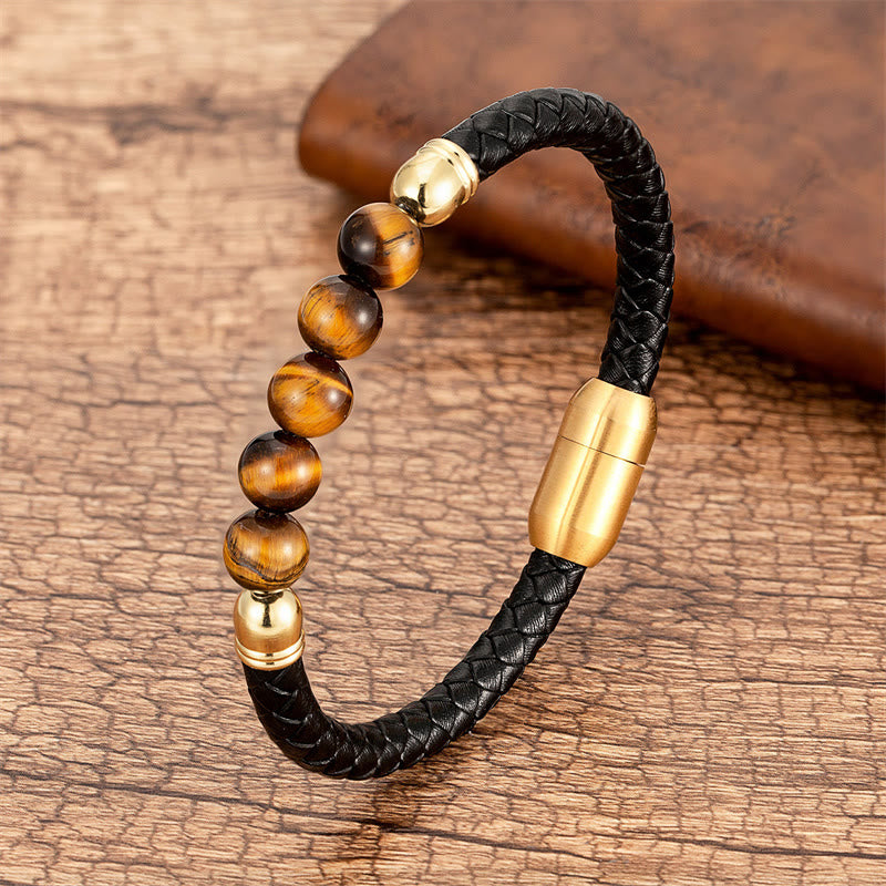 Buddha Stones Blue Agate Tiger Eye Lava Rock Black Onyx Lazurite Lapis Lazuli Bead Protection Leather Bracelet - Tiger Eye - 18-22cm - image 24