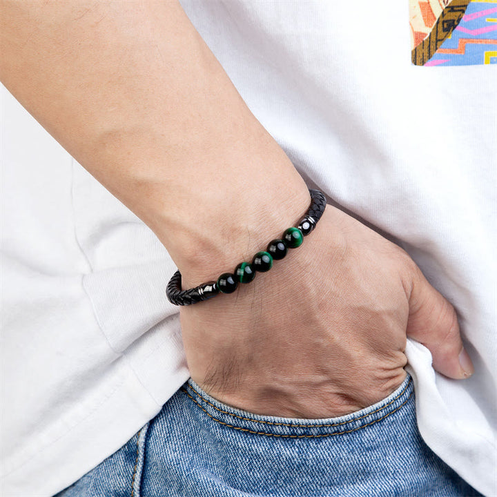 Buddha Stones Blue Agate Tiger Eye Lava Rock Black Onyx Lazurite Lapis Lazuli Bead Protection Leather Bracelet - image 10