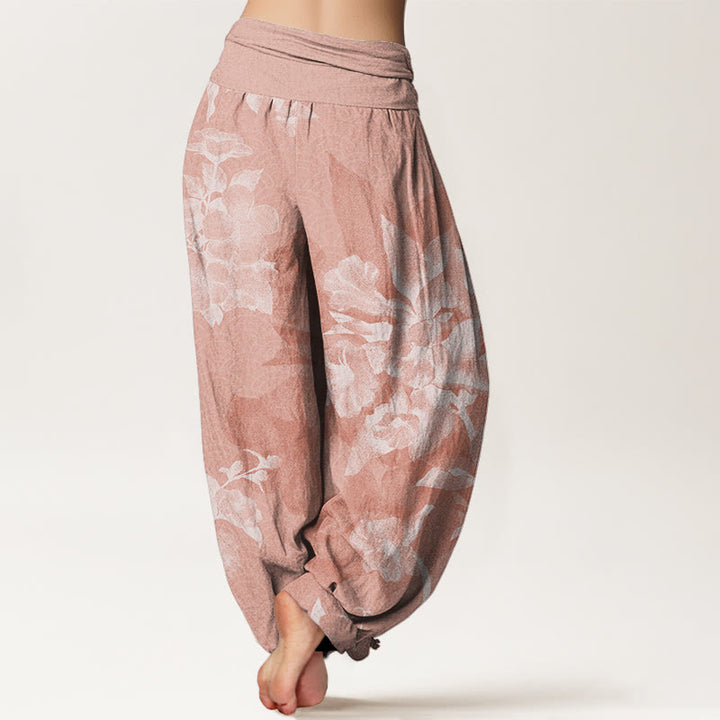 Buddha Stones White Flowers Pattern Women's Elastic Waist Harem Pants