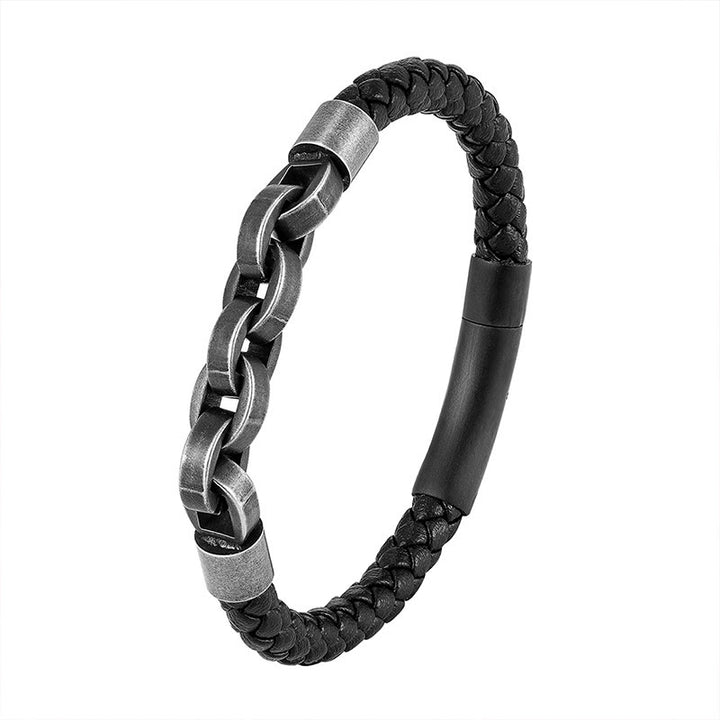 Buddha Stones Chain Design Titanium Steel Balance Leather Braided Buckle Bracelet