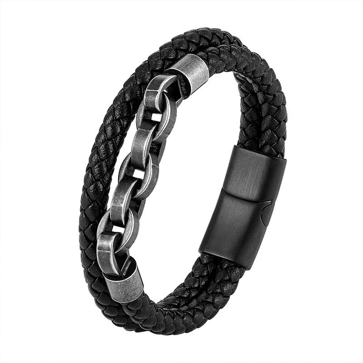 Buddha Stones Chain Design Titanium Steel Balance Leather Braided Buckle Bracelet