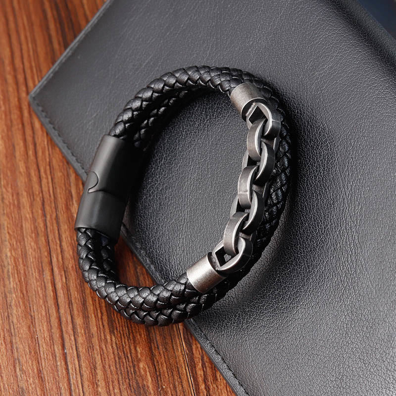 Buddha Stones Chain Design Titanium Steel Balance Leather Braided Buckle Bracelet