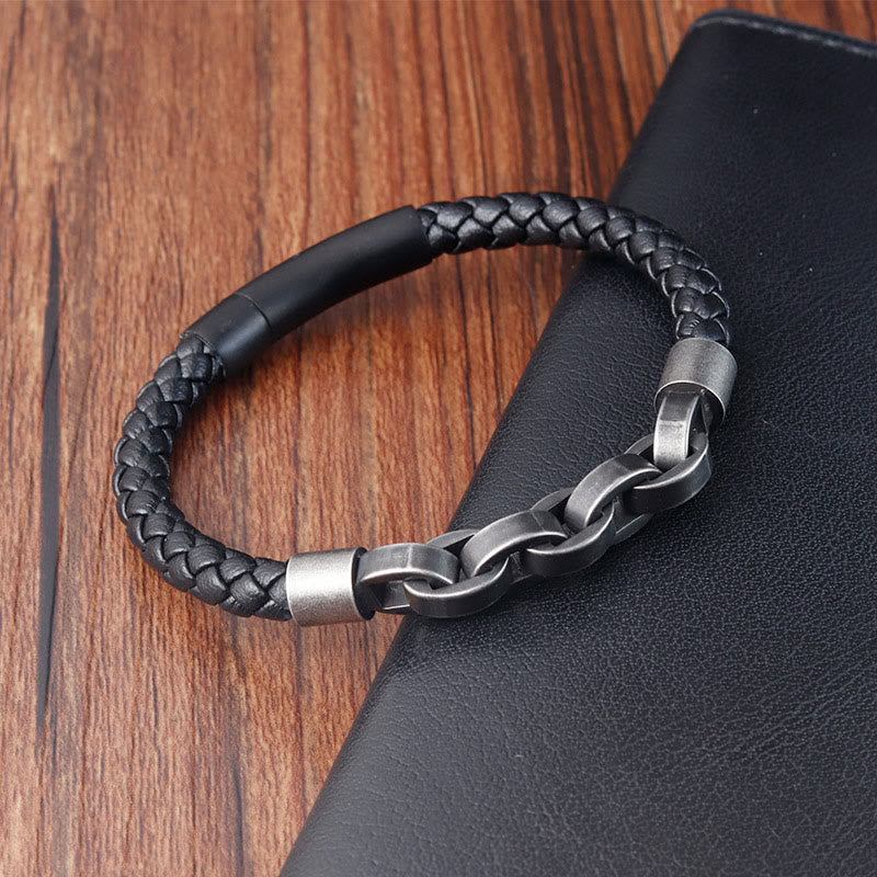 Buddha Stones Chain Design Titanium Steel Balance Leather Braided Buckle Bracelet