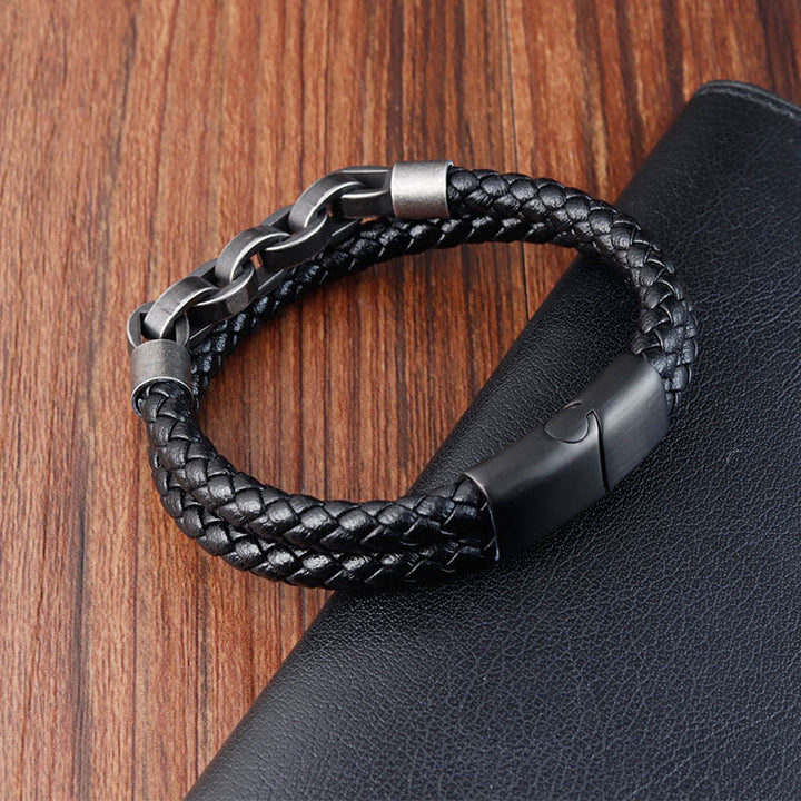 Buddha Stones Chain Design Titanium Steel Balance Leather Braided Buckle Bracelet