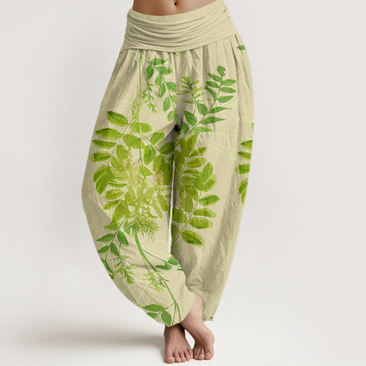 Buddha Stones Green Leaves Branches Women's Elastic Waist Harem Pants