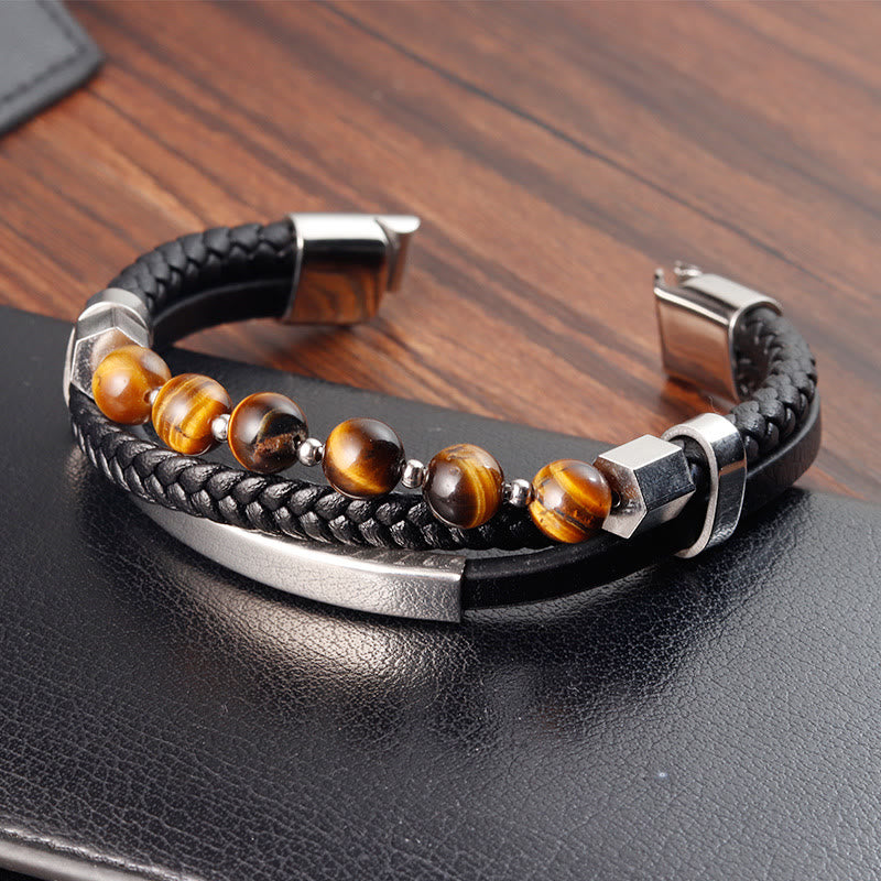 Buddha Stones Tiger Eye Bead Multi-layered Grounding Leather Buckle Bracelet