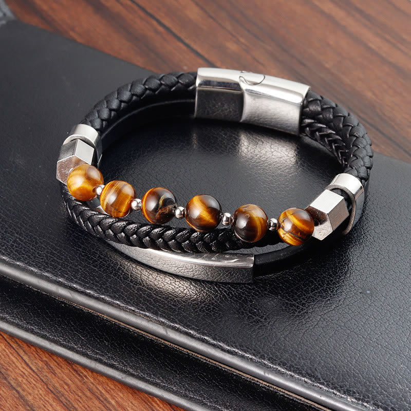 Buddha Stones Tiger Eye Bead Multi-layered Grounding Leather Buckle Bracelet