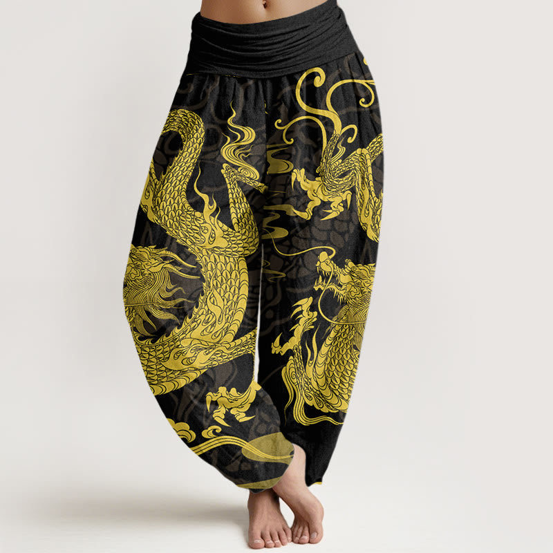 Buddha Stones Cotton Dragon Auspicious Clouds Women's Elastic Waist Harem Pants - Black - US22，UK/AU26，EU54 (6XL) - image 0