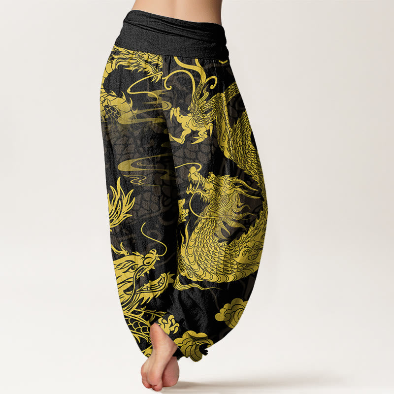 Buddha Stones Dragon Auspicious Clouds Women's Elastic Waist Harem Pants